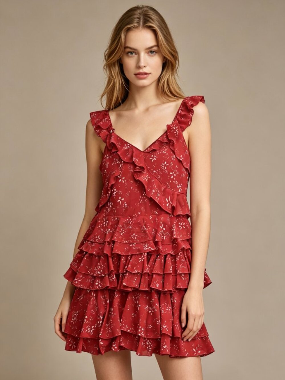 NWT The Kooples Moon Flower Red Floral Ruffle Mini Dress Size 2